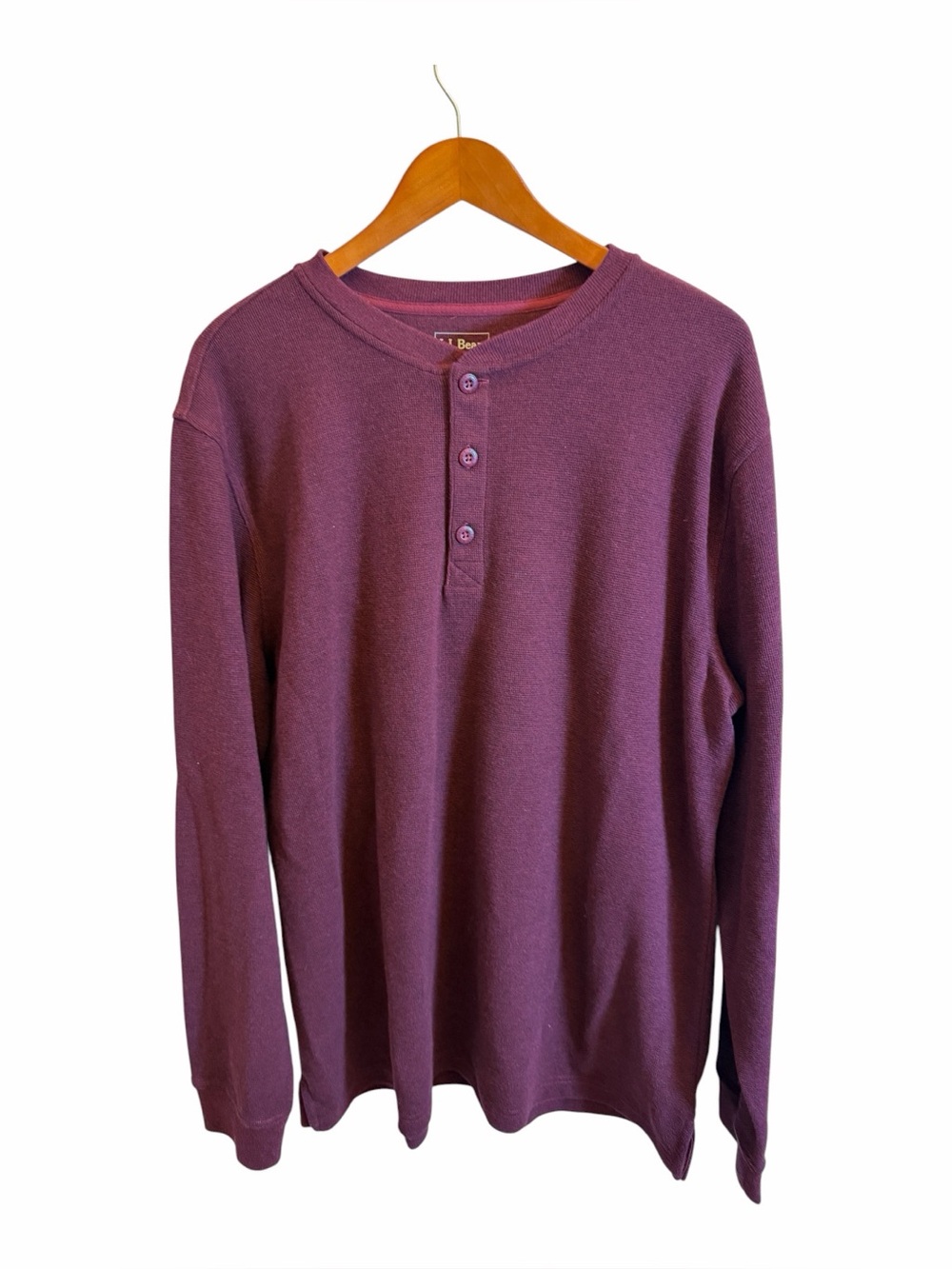 L.L.Bean Men’s XL Slim Fit Waffle Knit Thermal Henley Shirt Burgundy Long Sleeve